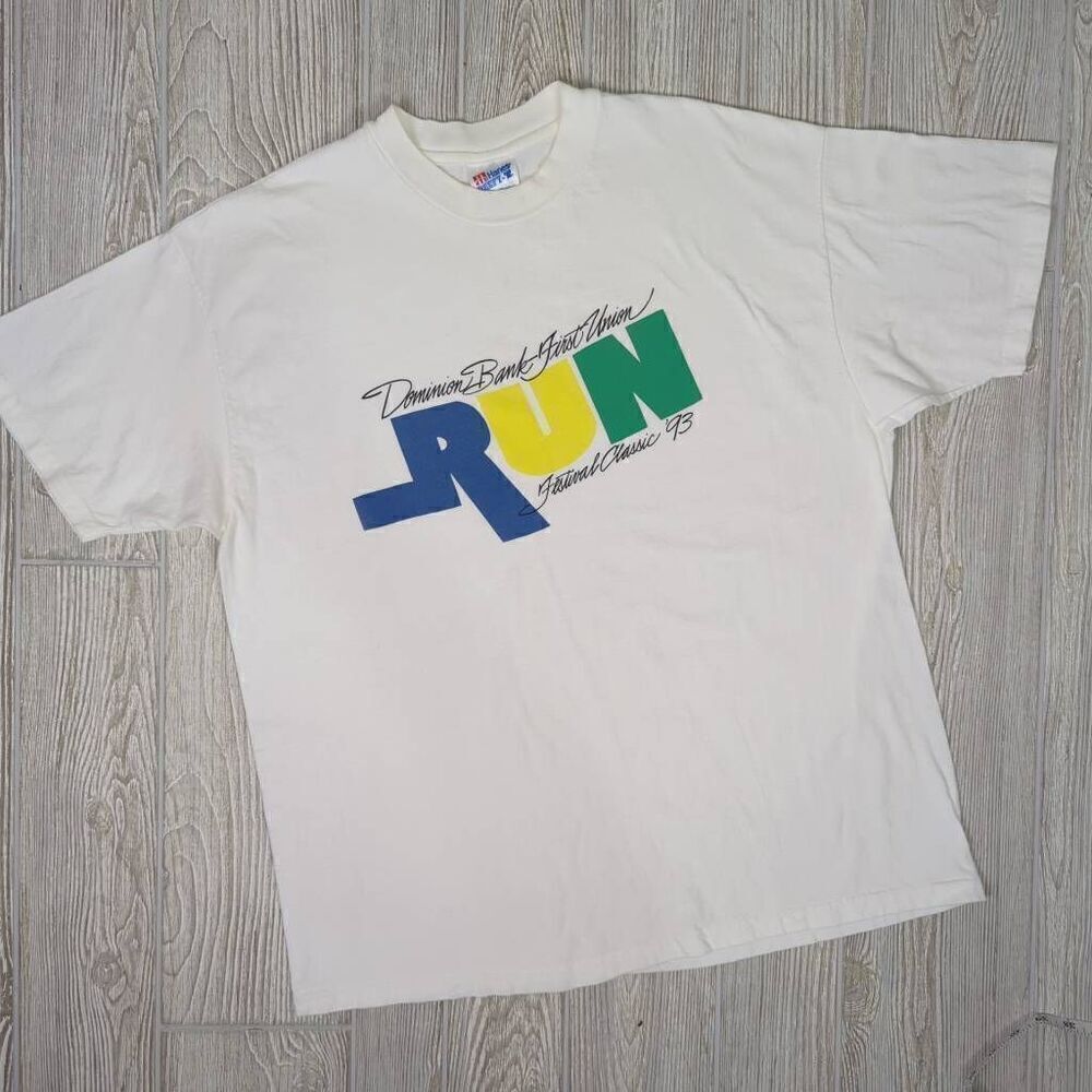 Vintage 1993 Hanes Beefy T-Shirt Mens XL White Dominion Festival Run Bank Shirt